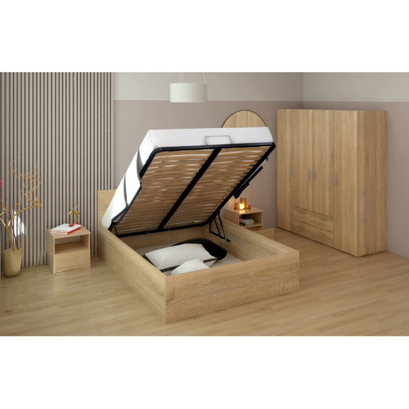 Posteľ s kovovým roštom a úložným priestorom, 140x200, dub sonoma