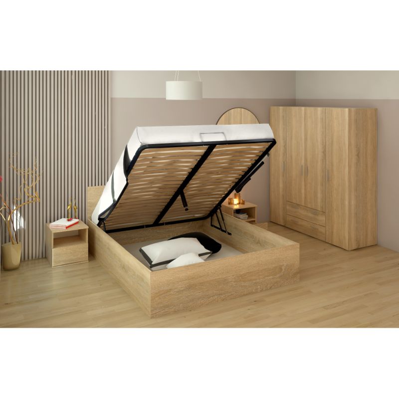 Posteľ s kovovým roštom a úložným priestorom, 160x200, dub sonoma