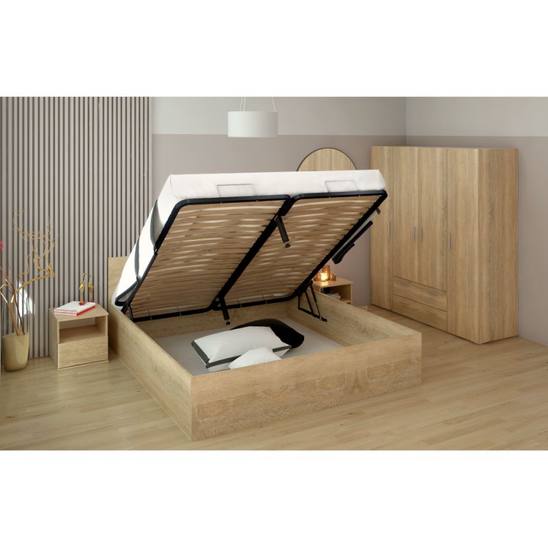 Posteľ s kovovým roštom a úložným priestorom, 180x200, dub sonoma