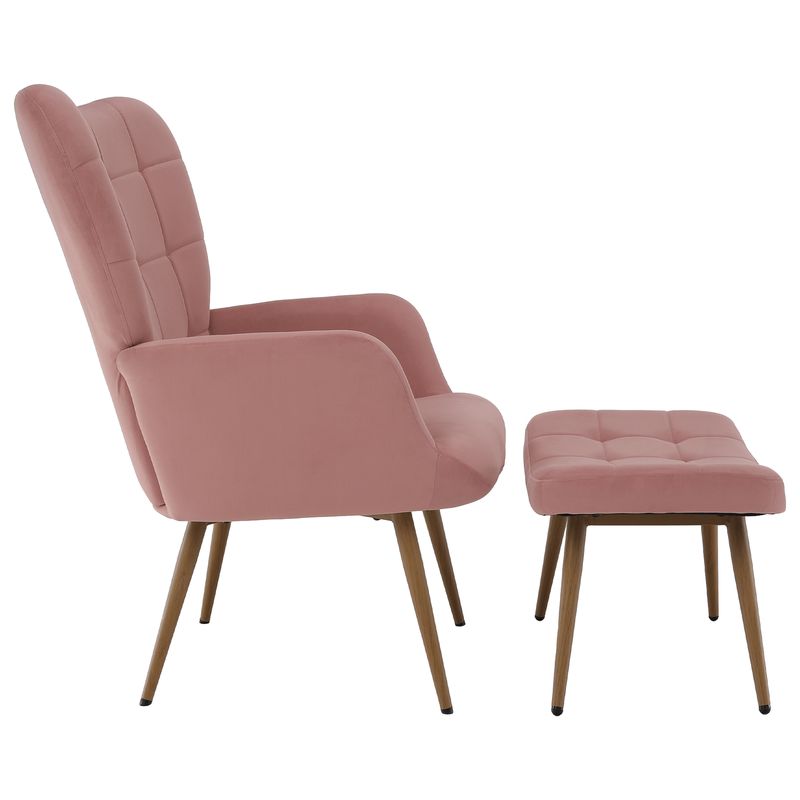 Luxusné kreslo s podnožou, ružová Velvet látka a nohy vo farbe dub