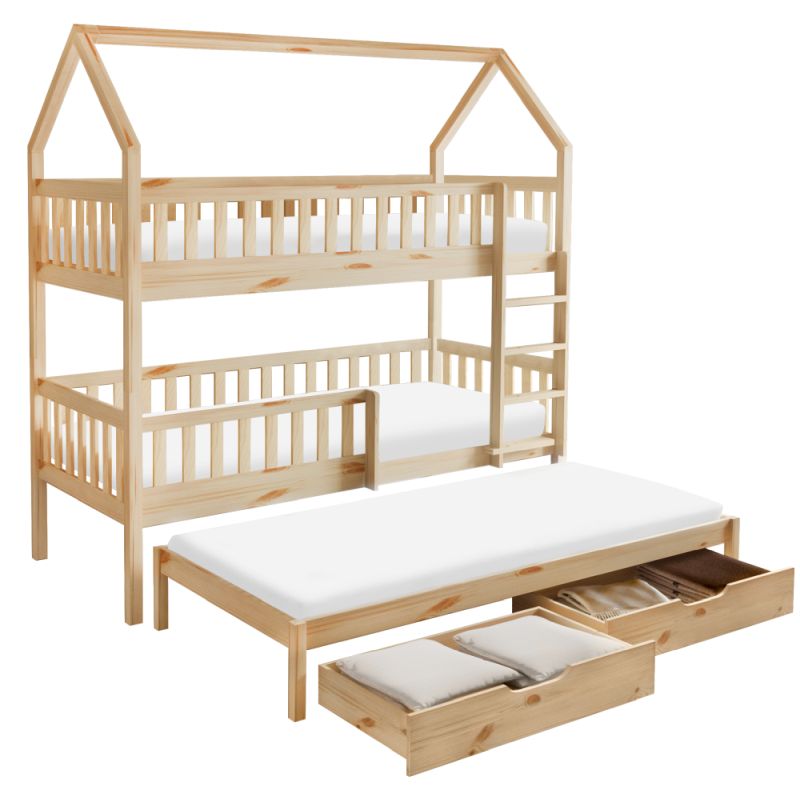Poschodová posteľ v tvare domčeka s prístelkou, prírodná