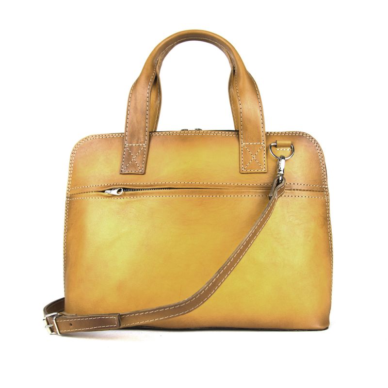 Dámska kožená kabela vhodná na formát A4, ručne tieňovaná, tmavo žltá farba