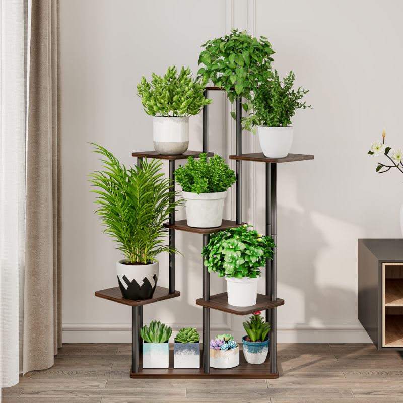 Kovový stojan na kvety, čierny-rustikálne drevo