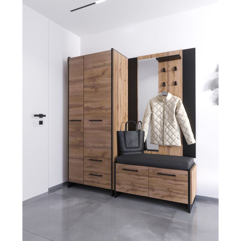 Vešiakový panel so zrkadlom, dub wotan-čierna