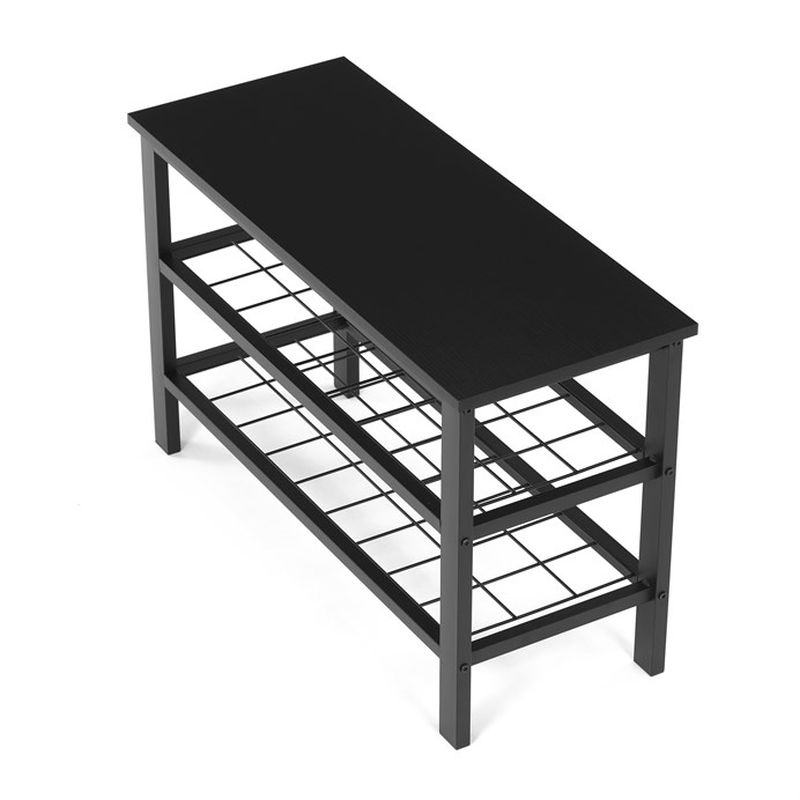 Štýlový botník s lavicou, 2 police, poťah čierna ekokoža, kov - čierny matný lak