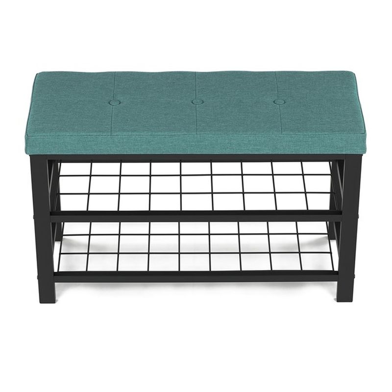 Štýlový botník s lavicou, 2 police, poťah zelená látka, kov - čierny matný lak