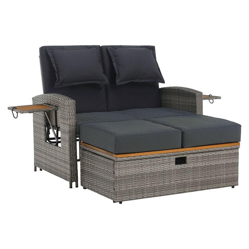 Záhradná ratanová pohovka s úložným priestorom, sivá-prírodná