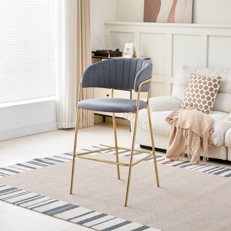 Dizajnová barová stolička, sivohnedá Velvet látka-gold chróm zlatý