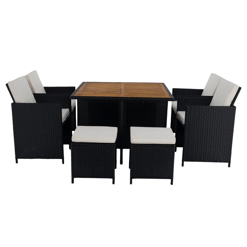 Záhradný ratanový set, akáciové drevo, čierna-krémová-prírodná