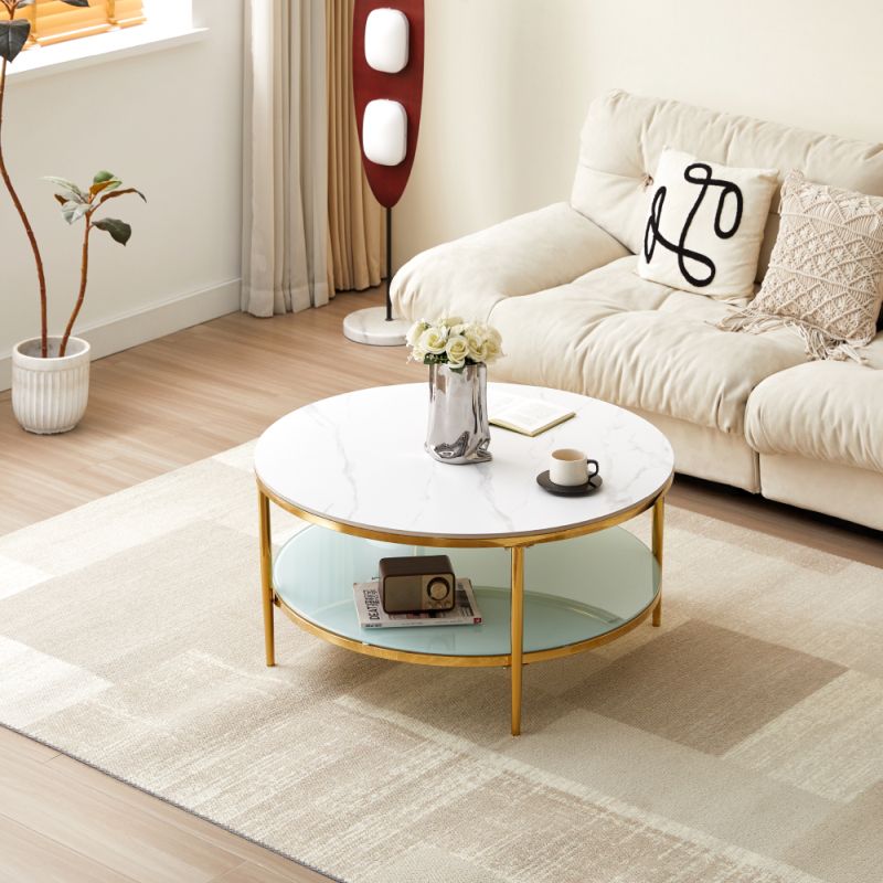 Konferenčný stolík, svetlý mramor-mliečna/gold chróm-zlatý