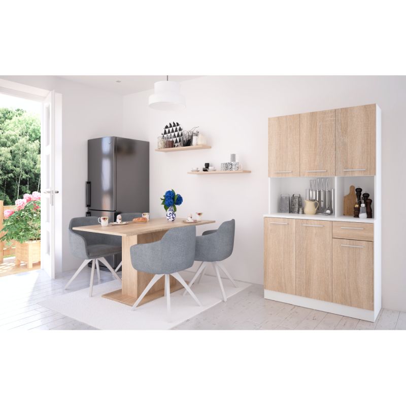 Šesťdverový kredenec, biela-dub sonoma