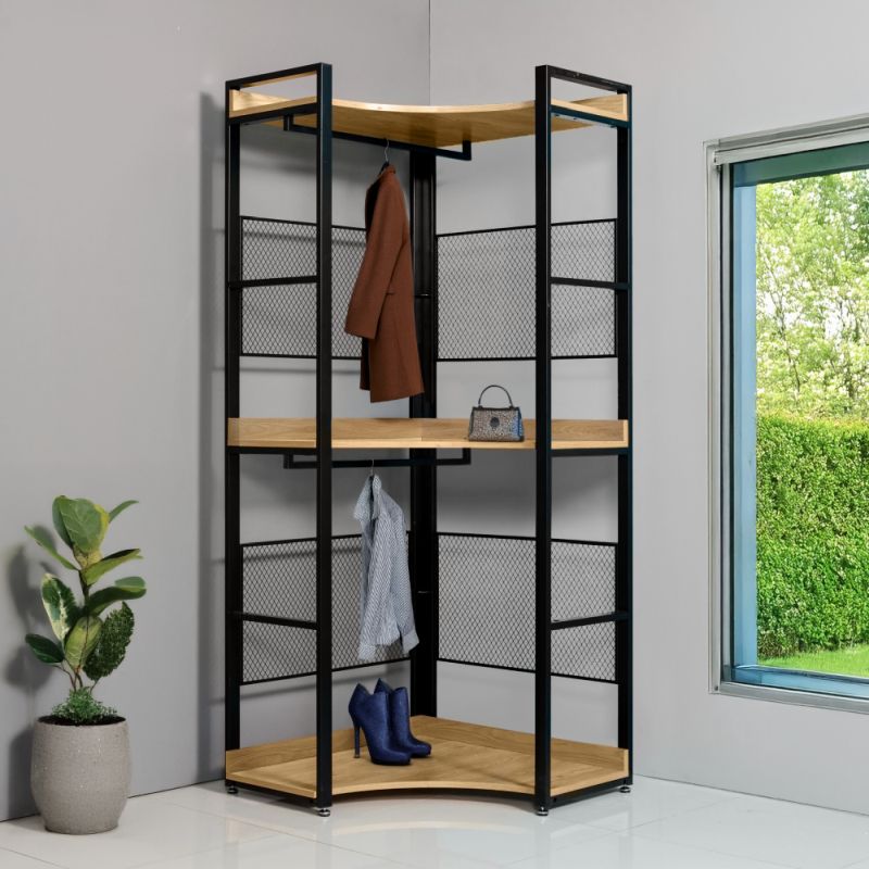 Rohový štýlový regál s policami TYP5, dub-čierna