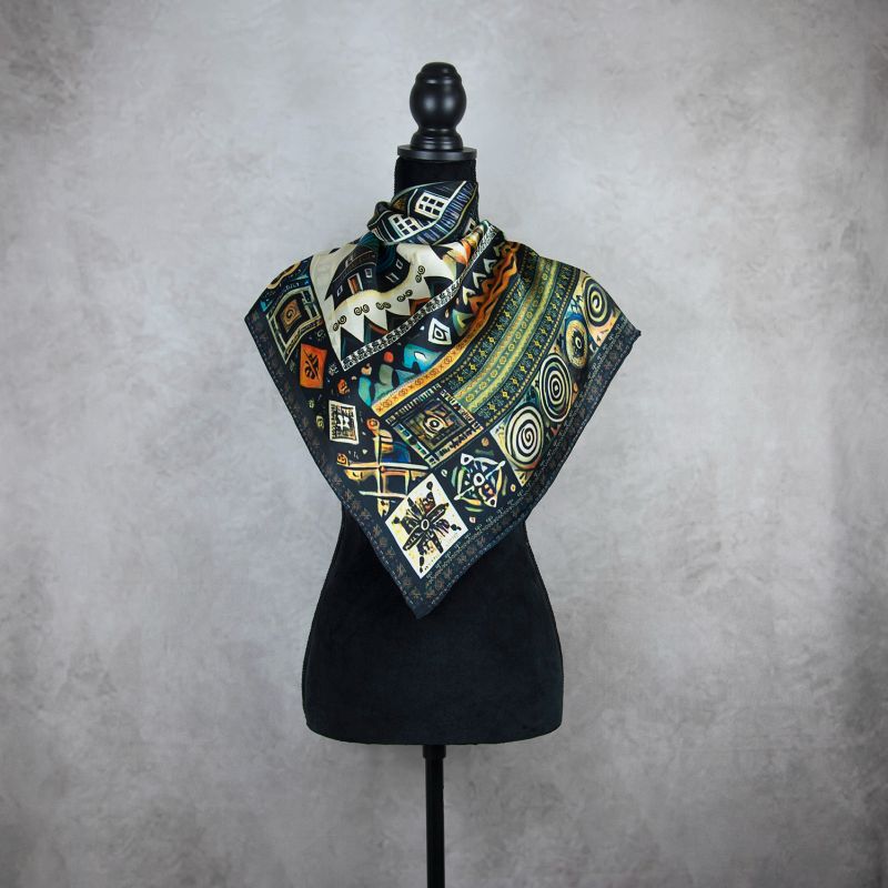 Módna hodvábna šatka ČIČMANY - ČIERNO-FAREBNÉ, 90 x 90cm