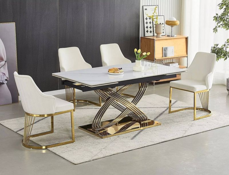 Nadčasový jedálenský stôl rozkladací, zlatá-biela keramika efekt mramoru