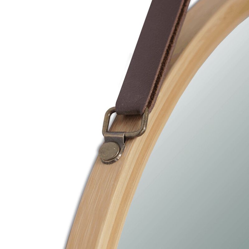 Okrúhle bambusové nástenné zrkadlo 45 cm s koženým závesom