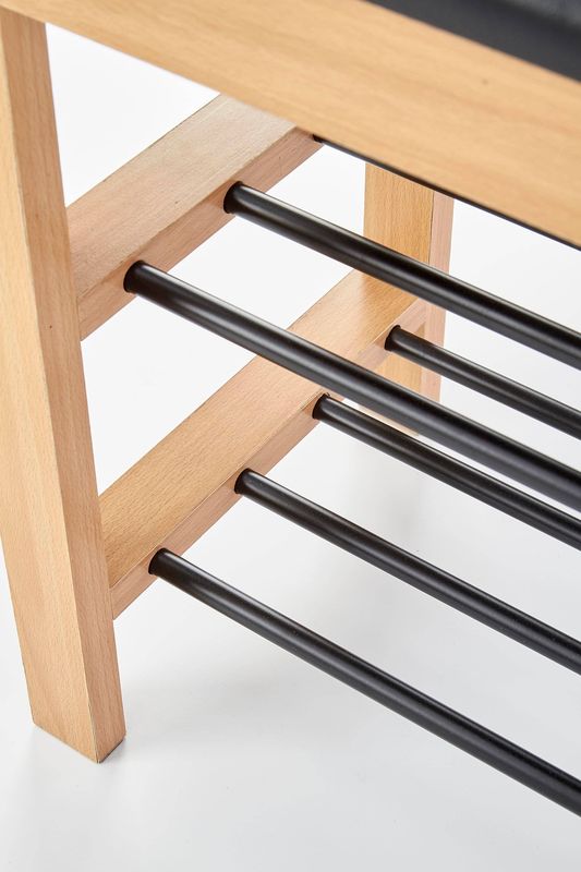 Botník s lavicou natural-čierny – masívne drevo, oceľové police