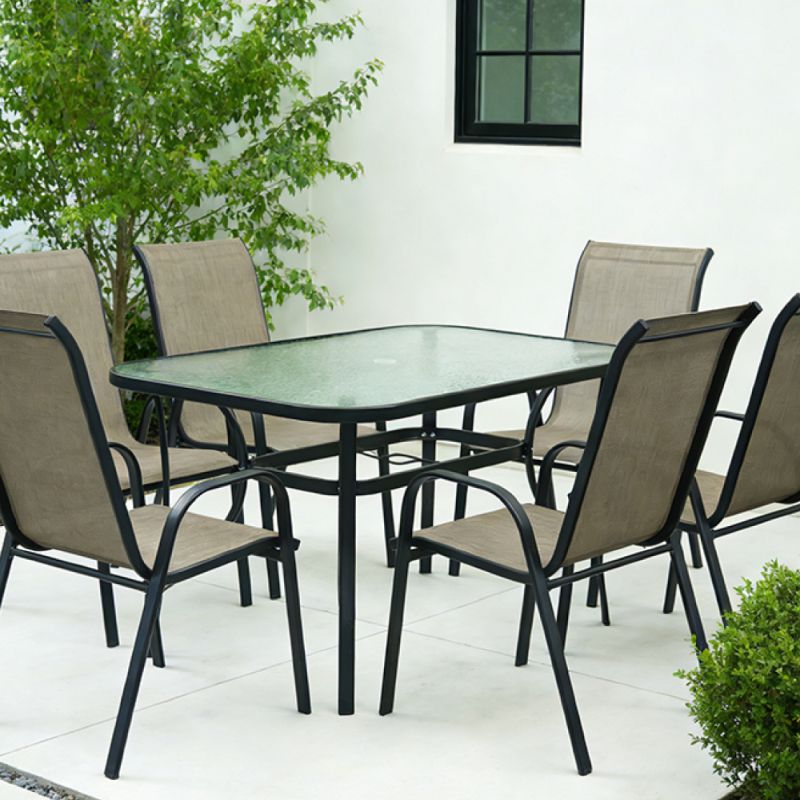 Záhradný jedálenský stôl, tvrdené sklo, oceľ