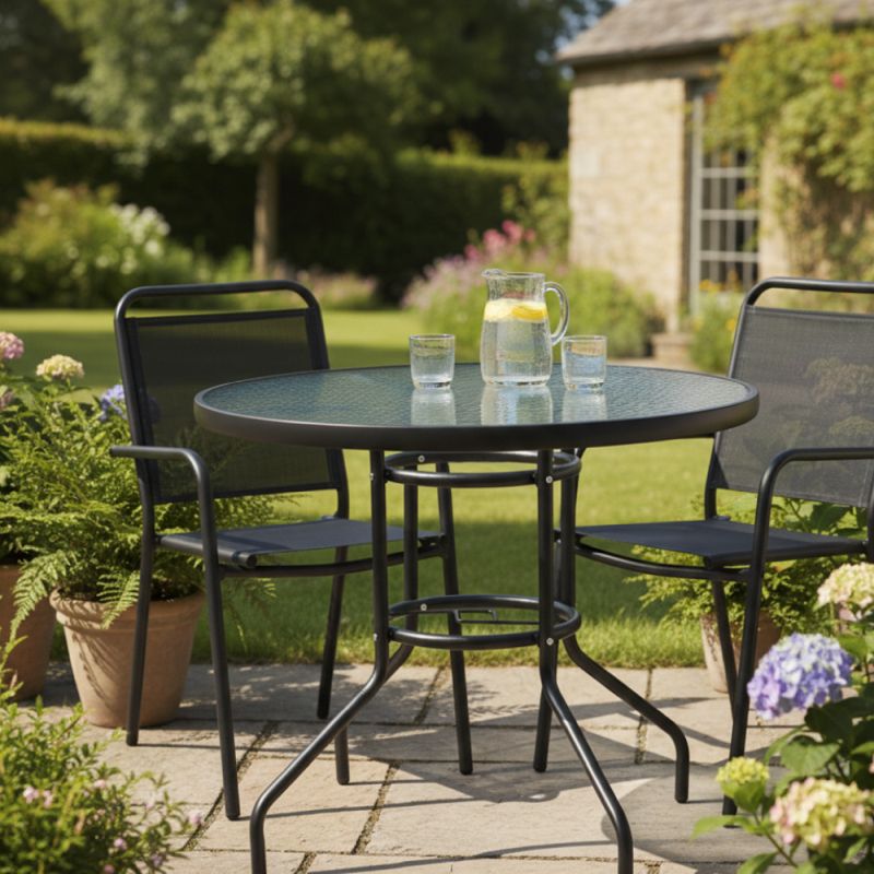 Záhradný jedálenský stôl, okrúhly, tvrdené sklo, oceľ čierna