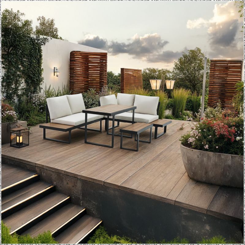 Záhradný set, čierny s krémovými vankúšmi a dubovým polywoodom