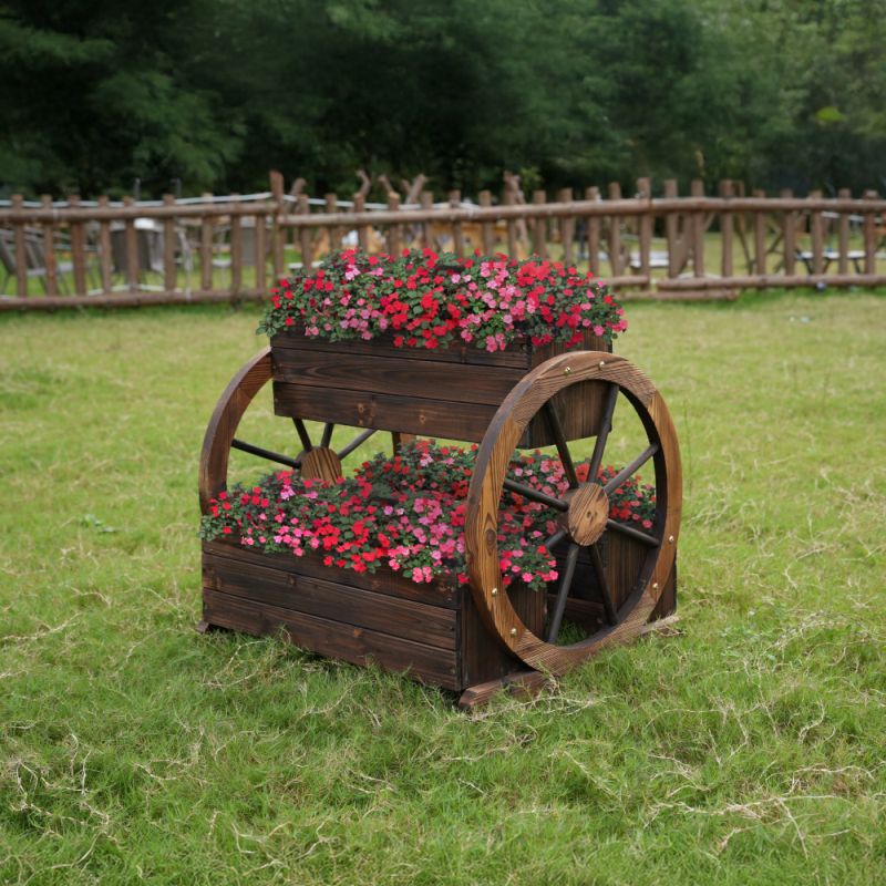 Drevený kvetináč z masívu, hnedý, v štýle vidieckeho voza