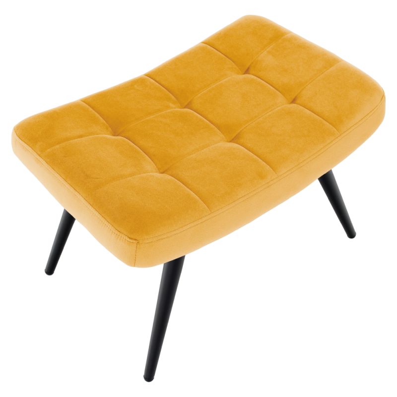 Kreslo s podnožou, žltá látka, čierne kovové nohy