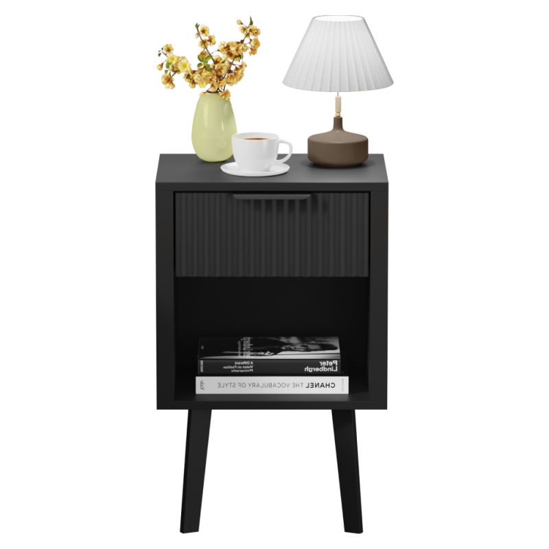 Moderný nočný stolík čierny, so zásuvkou a poličkou