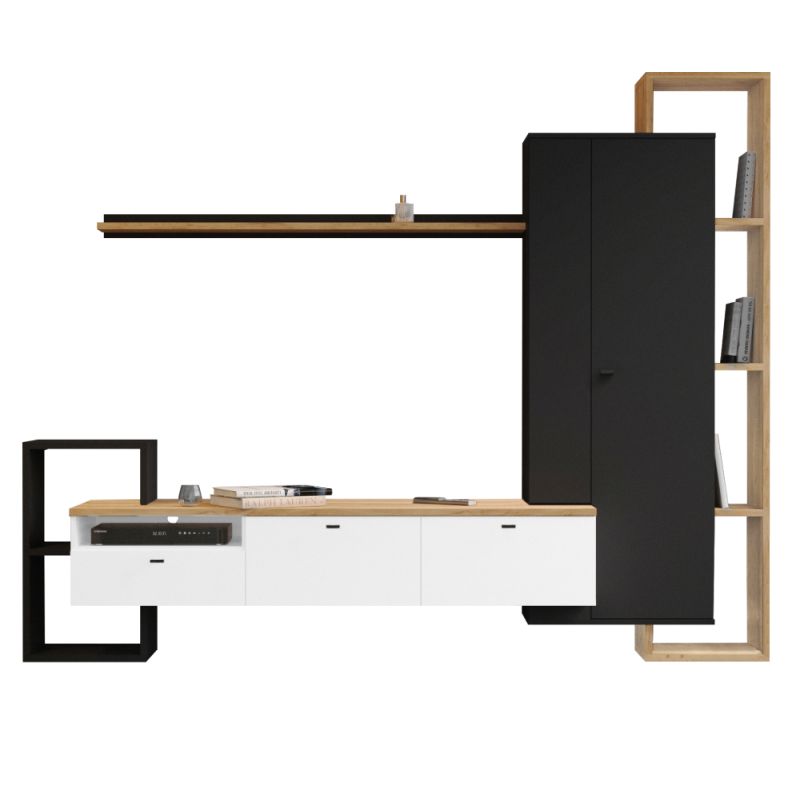 Dizajnová obývacia stena, čierna, biela, dub craft zlatý