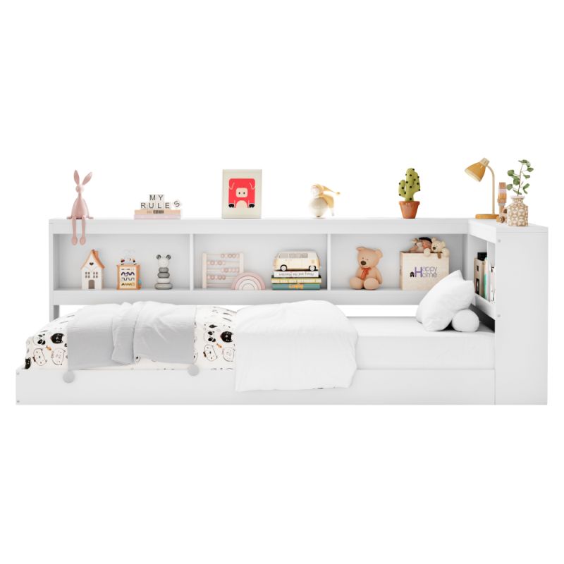 Posteľ 90x200, s roštom a regálom, biela, borovicové drevo