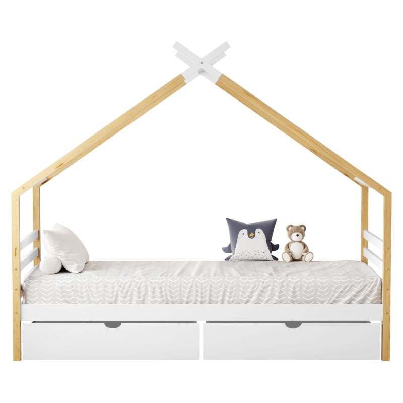 Montessori posteľ, 90x200, domček, biela, hnedá
