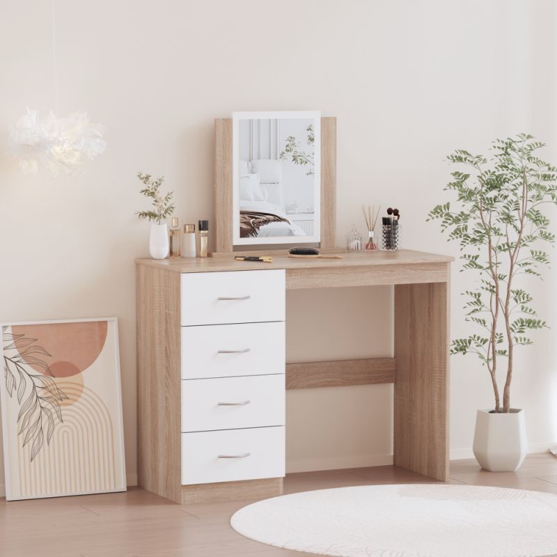 Toaletný stolík, biely, dub sonoma, so zrkadlom a zásuvkami