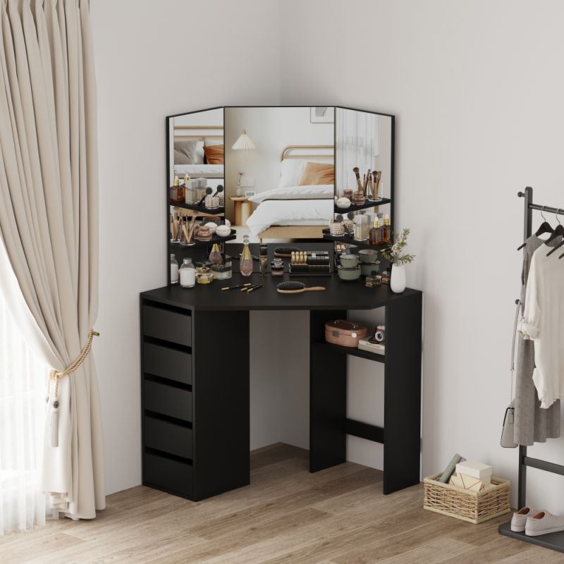 Rohový toaletný stolík, čierny, trojdielne zrkadlo