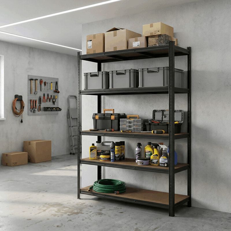 Regál kovový, 120cm, čierny, s MDF policami, 5 úrovní