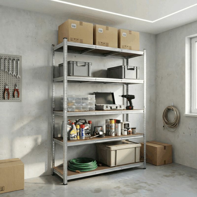 Regál kovový, 120cm, strieborný, s MDF policami, 5 úrovní