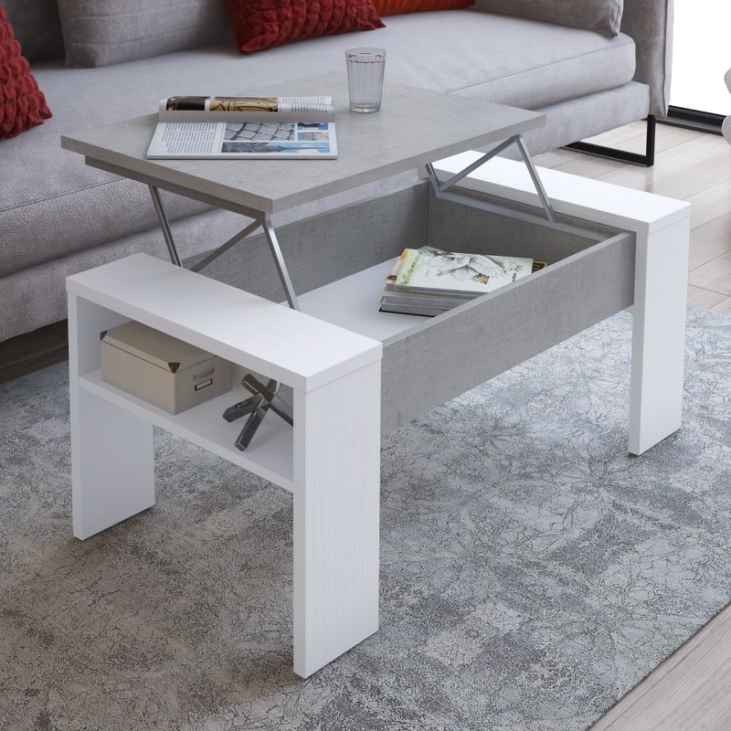 Konferenčný stolík s odkladacím priestorom, biely, betón