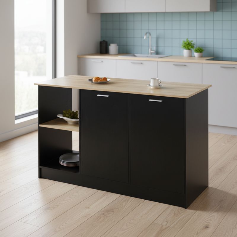 Štýlový kuchynský ostrovček, dub, čierny, s úložným priestorom
