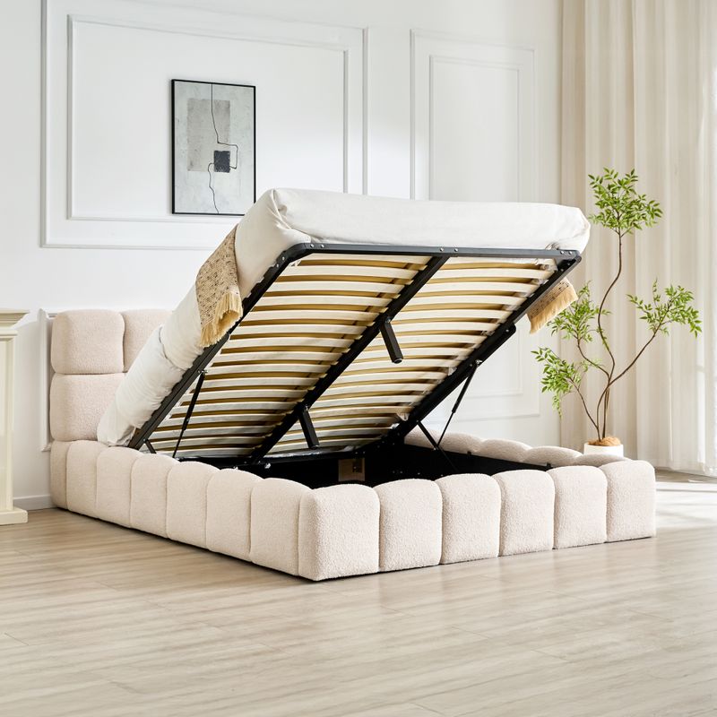 Manželská posteľ 160 s úložným priestorom, roštom a čalúneným čelom, béžová Bouclé látka