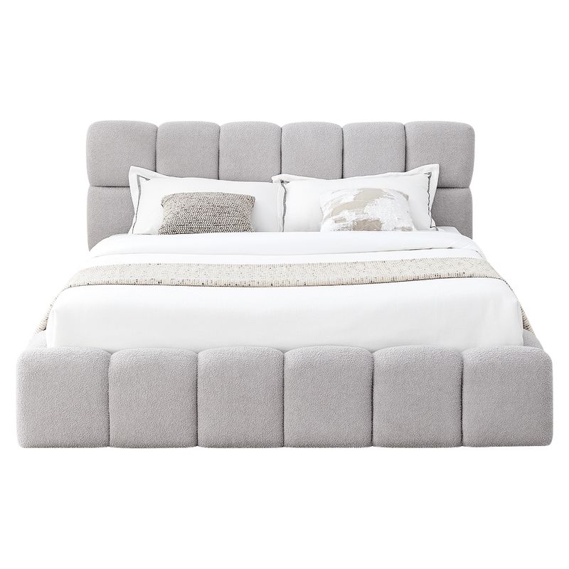 Manželská posteľ 160 s úložným priestorom, roštom a čalúneným čelom, sivá Bouclé látka