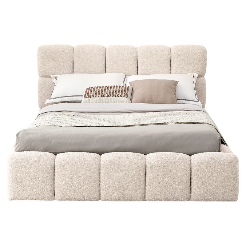 Posteľ 140 s roštom a úložným priestorom, béžová látka Bouclé