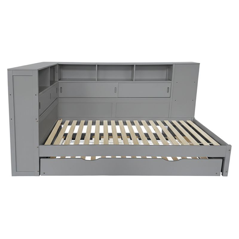 Posteľ 90x200 s prístelkou, regálom a úložným priestorom, sivá