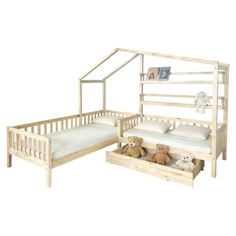 Montessori posteľ pre 2 deti 90x200 + 70x140 s roštom, prírodná