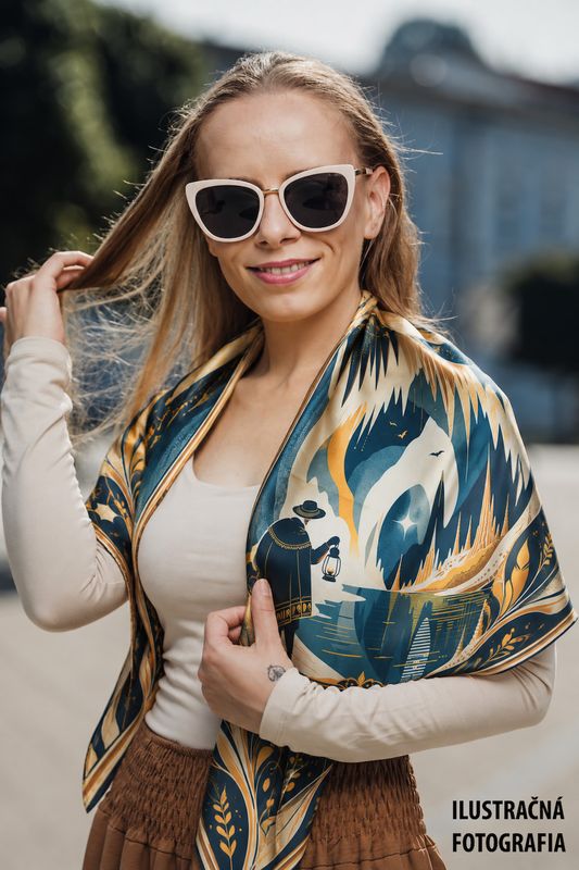 Hodvábna šatka DEMÄNOVSKÁ JASKYŇA SLOBODY – MODRÁ, 100 % prírodný hodváb, 90 × 90 cm