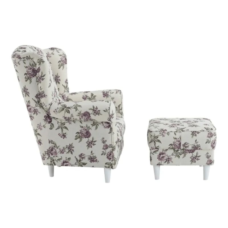 Kreslo ušiak s taburetom, látka rose 18