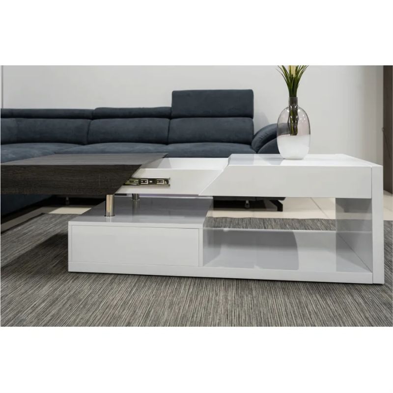 Konferenčný stolík s úložným priestorom, biely lesk/čierne drevo