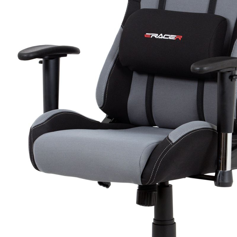 Herná stolička v športovom dizajne v šedej látke s čiernymi detailami