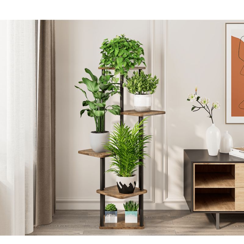 Viacúčelový a praktický kovový stojan na kvety, čierna/rustikálne drevo