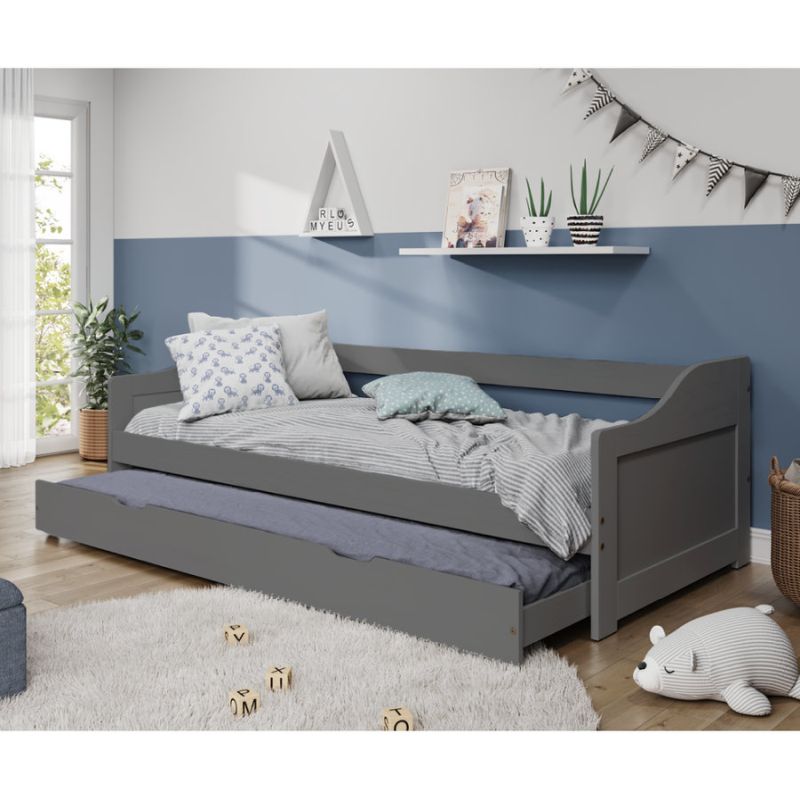 Posteľ s výsuvnou prístelkou z borovicového dreva, sivá