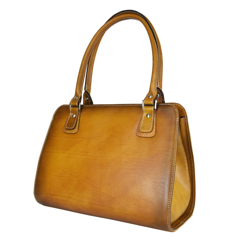 Módna kožená kabelka 8614 ručne tamponovaná a tieňovaná v tmavo žltej farbe