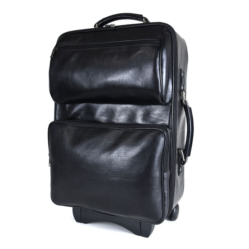 Celokožený cestovný kufor s mechanikou v čiernej farbe, tmavé kovanie