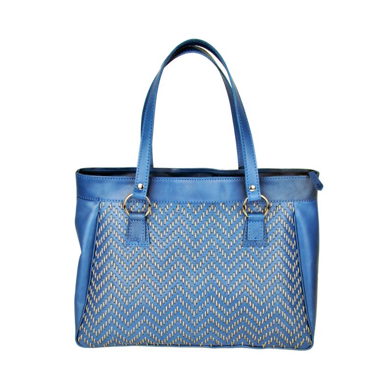 Ručne vyšívaná modrá kabelka z pravej kože - šedé vyšívanie