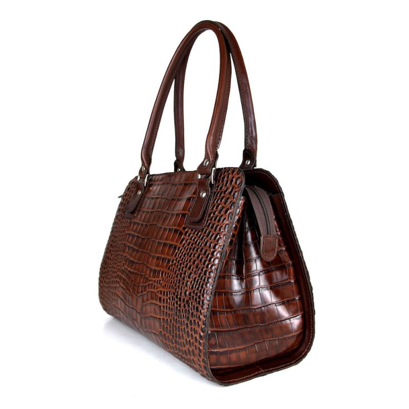 Kabelka z pravej hovädzej kože s dezénom krokodíla v hnedej farbe